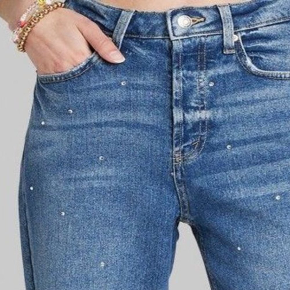 Women's Super-High Rise Rhinestone Straight Jeans - Wild Fable™ Medium Wash 10